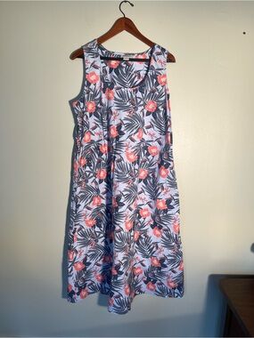 Essentials Sleeveless Coral & Navy Tropical Midi Dress Cotton w/pockets